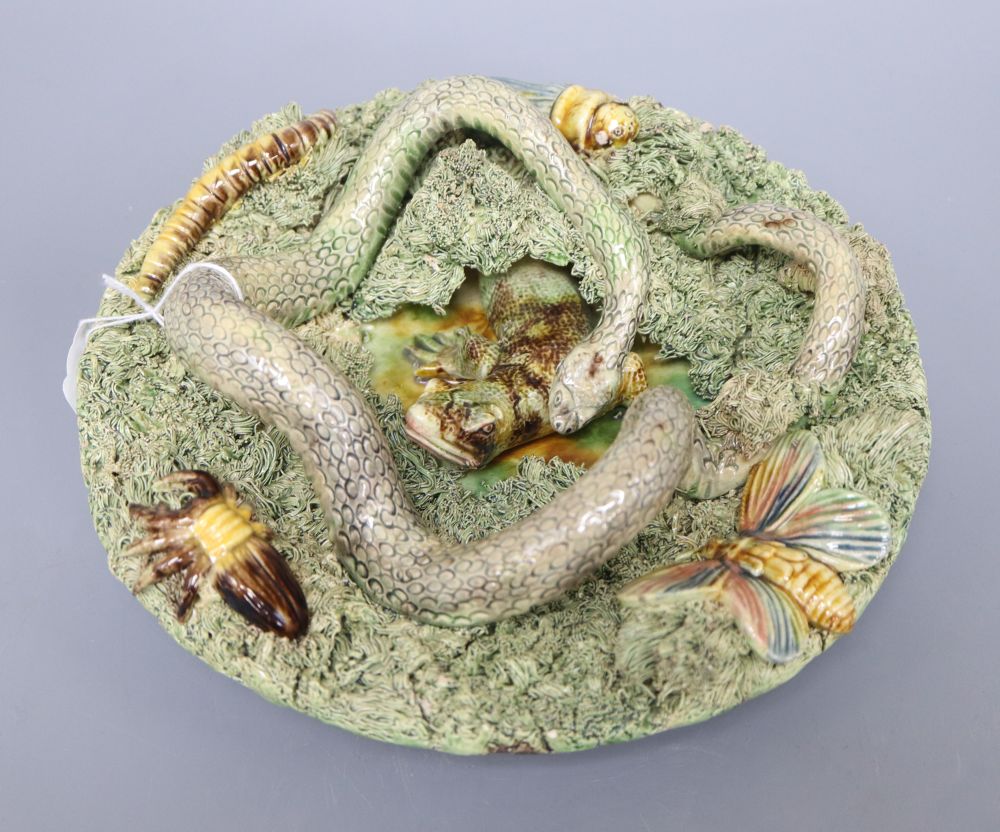 A Palissy style dish, decorated with reptiles and insects